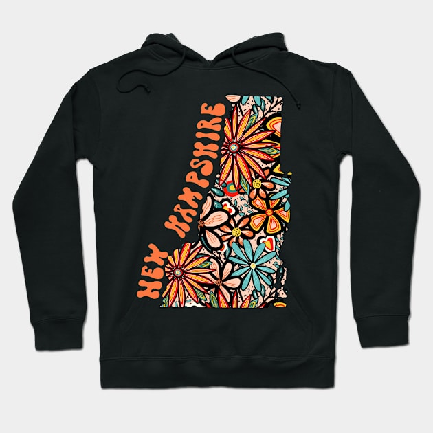 New Hampshire State Design | Artist Designed Illustration Featuring New Hampshire State Outline Filled With Retro Flowers with Retro Hand-Lettering Hoodie by MarcyBrennanArt